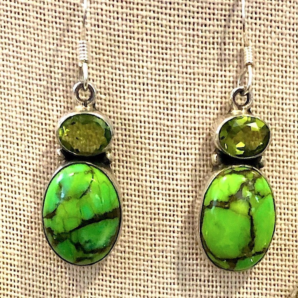 Mohave Lime Green Copper Infused Turquoise Peridot Sterling Silver Drop Earrings